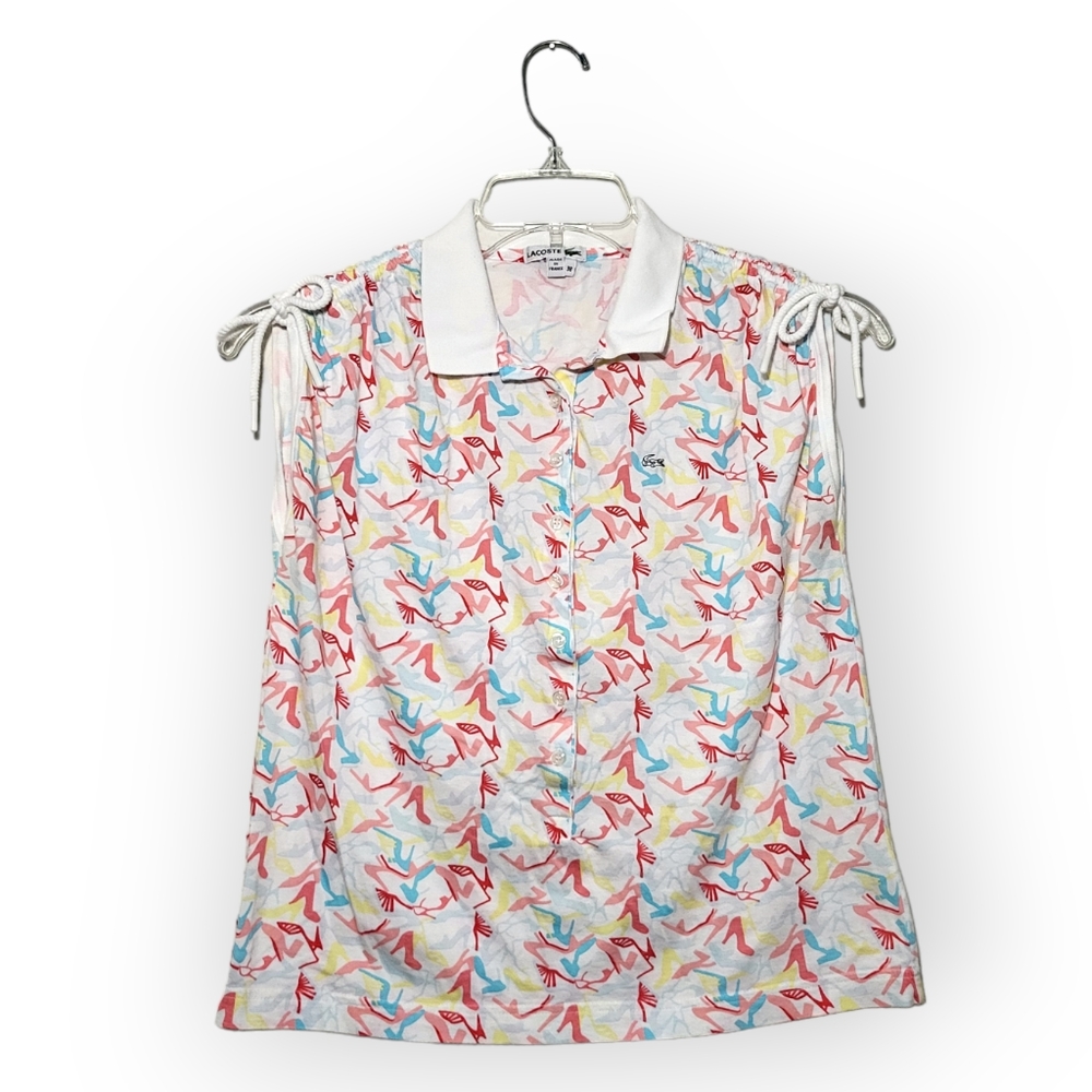 Lacoste Women's Vintage Adjustable Sleeve Polo Shirt Shoe Print Medium